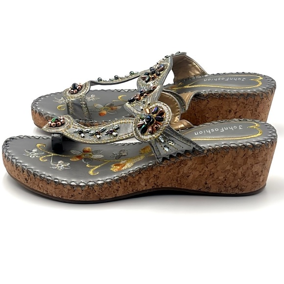 John Fashion Silver Embroidered Beaded Floral Boho Cork Wedge Sandals Size 8 - Picture 6 of 11